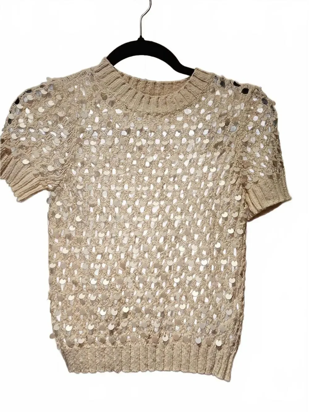 J. Crew Sequin Pointelle Short Sleeve Sweater Sequin And Pearls Cropped XXS